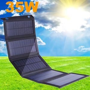 1pc, Portable Solar Charger 35W - Foldable, Easy to Carry - USB 5V Output, Solar Panel for Outdoor Travel And Camping, Mobile Phone Battery And Tablet Charger Power Bank, Fan, Flashlight