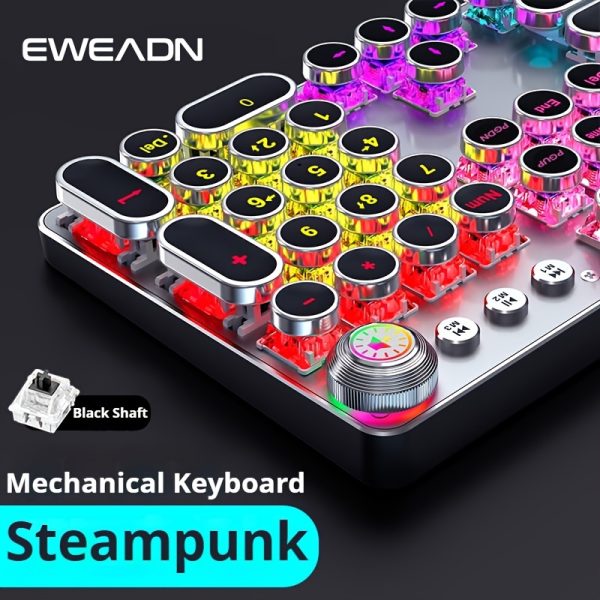EWEADN Steampunk Mechanical Gaming Keyboard - 104 Keys Full Size, All-Metal Panel, Colorful LED Backlit, USB Wired, Ergonomic Design with Multimedia Knob, Black Switches, Ideal for Gamers and Office Use, Keyboard Gaming