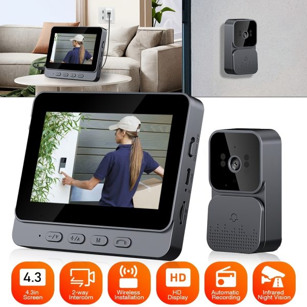 Video Doorbell Camera | 10.92cm HD Display | Infrared Night Vision | Two-Way Audio | Wireless RF Connectivity | Easy Installation | Long Battery Life | Sleek Design for Home Security