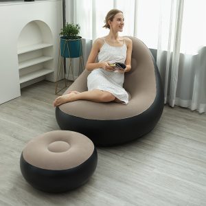 2pcs Set of Inflatable Casual Sofa Chair and Footstool Outdoor Folding Lounger Sofa with Flocking, Can be Stored and Inflated