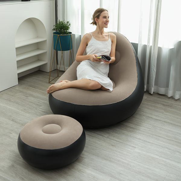 2pcs Set of Inflatable Casual Sofa Chair and Footstool Outdoor Folding Lounger Sofa with Flocking, Can be Stored and Inflated