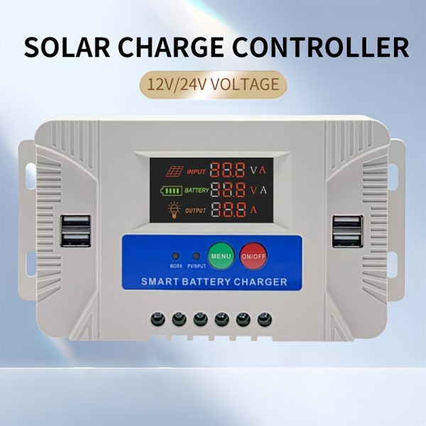 1pc Smart Solar Charge Controller with LCD Display, 12V/24V PWM, Lead Acid/Lithium Battery Compatible, Dual USB Ports, Over/Under Voltage Protection, Short Circuit Safety, Auto Voltage Detection, 1A Output