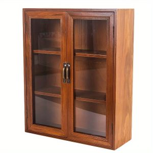 1pc Vintage Style Wooden Storage Cabinet with Glass Doors, Freestanding Hardwood Desk Organizer for Cosmetics and Home Decor, Multi-Layer Display Case, Red