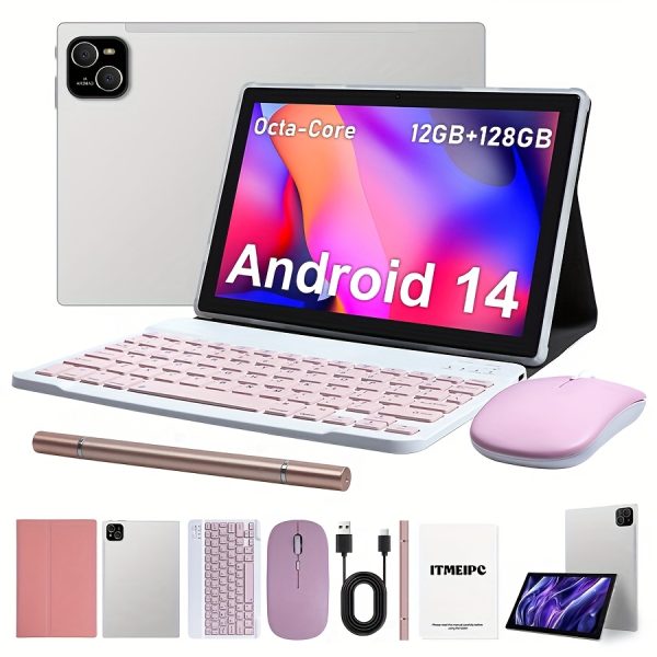 10.1InchTablet Android 14 OS Tablet, 2in 1 Tablets with Keyboard, Mouse, Case, Stylus, 128GB ROM 12GB (4GB+8GB) RAM, Dual Camera,, 1280 * 800 IPS High-definition Display Screen, GMS Tab, Perfect for Ramadan and Valentine's Day gifts