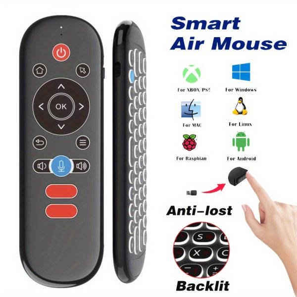 1pc 2.4G Wireless Air Mouse Remote Control with Mini Keyboard, Backlit, 6-Axis Gyroscope, Voice Search, IR Learning, Anti-Lost Feature - Rechargeable Lithium Polymer Battery, USB Cable Included - Compatible with Smart TVs, Projectors, PS3, and More