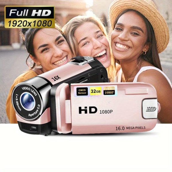 Portable HD Handheld Camcorder with 16x Zoom, 6.1cm Screen & Rechargeable Battery - Perfect for Outdoor Adventures, Camping, Travel & Gifting - Pink, Full HD 1080P, 36V or Below, USB Charging, Includes Lithium Polymer Battery