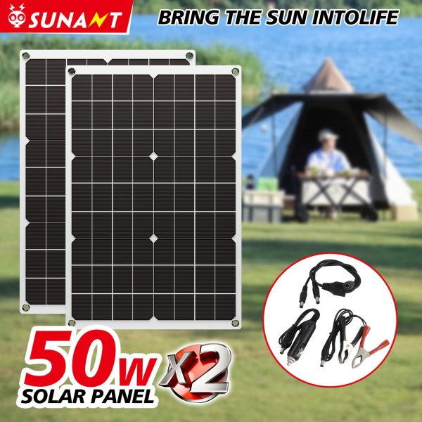 Sunant 2pcs 50W Solar Panel with USB & DC Cable Solar Charger with 60A Solar Controller, Charger for Car, Yacht, RV, Mobile Phone.