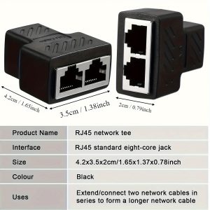 1x2 RJ45 Ethernet Splitter Connector Adapter, Matte Black, Female to Female, Compatible with Cat5/Cat6, for Simultaneous Internet Access for Two Computers, with No Battery Required