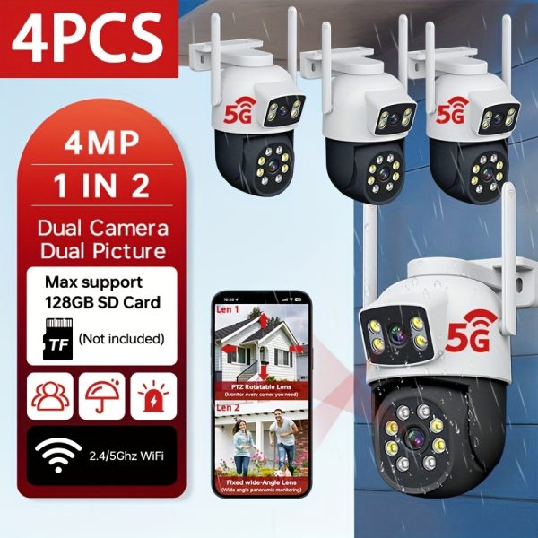 4pcs 4MP Indoor/Outdoor CCTV Security Camera, Dual Lens 2.4/5G WiFi Surveillance Camera, 360° Wireless PTZ Camera with Motion Detection and Two-Way Audio, Night Vision,, Wall Hanging, USB Power, 1920p Video Capture Resolution, Audio and Motion Alert, ZHXINSD Brand