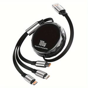 3in 1 Retractable USB Charging Cable, 6A 100W Fast Charge, USB to Type C/Micro USB Compatible with iPhone 13/14/12/11/X, Huawei, Samsung, Data Sync 480Mbps, USB Powered, ≤36V