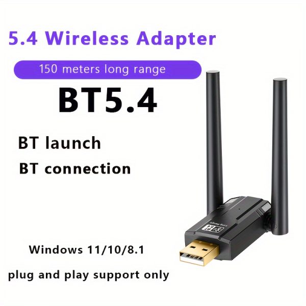 USB BT5.4 Dual Antenna Ultra Long Distance Network Adapter, USB Dongle Ultra Long Distance Receiver, Suitable for Computer/Headphone/Keyboard and other BT devices, only supports Windows 11/10/8.1 plug and play, supports up to 7 BT devices can be connected at the same time, automatically downward compatible with 5.3/5.1/5.0/4.2/4.1/4.0 and other version devices, instantly giving your computer ultra long distance wireless network BT function!