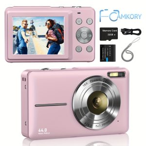 CAMKORY Compact Digital Camera - 1080P FHD, 44MP, 32GB Card Included, Rechargeable Battery & Lanyard, Anti-Shake, 16X Zoom, Portable Pocket Design for Teens & Beginners - Available in Pink, Black, Purple, Green