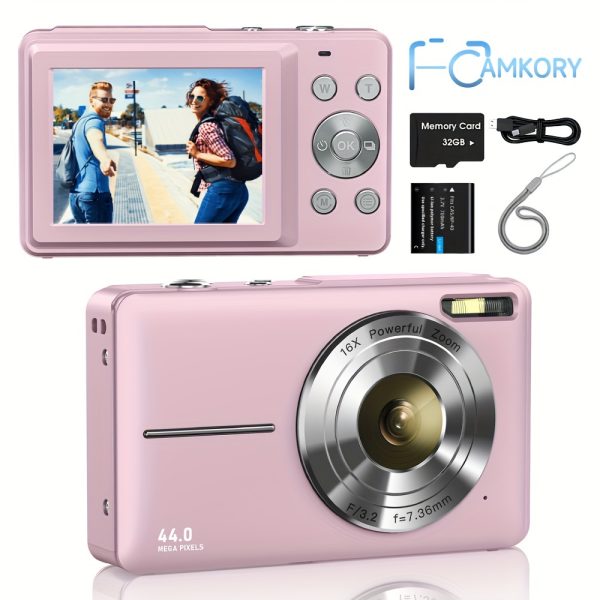 CAMKORY Compact Digital Camera - 1080P FHD, 44MP, 32GB Card Included, Rechargeable Battery & Lanyard, Anti-Shake, 16X Zoom, Portable Pocket Design for Teens & Beginners - Available in Pink, Black, Purple, Green