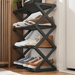 4-Tier Folding Shoe Rack, Space-Saving Organizer for 12 Pairs, Black Metal & Plastic, Retro Style X-Design, Perfect for Home, Kitchen & Living Room Storage - 1pc