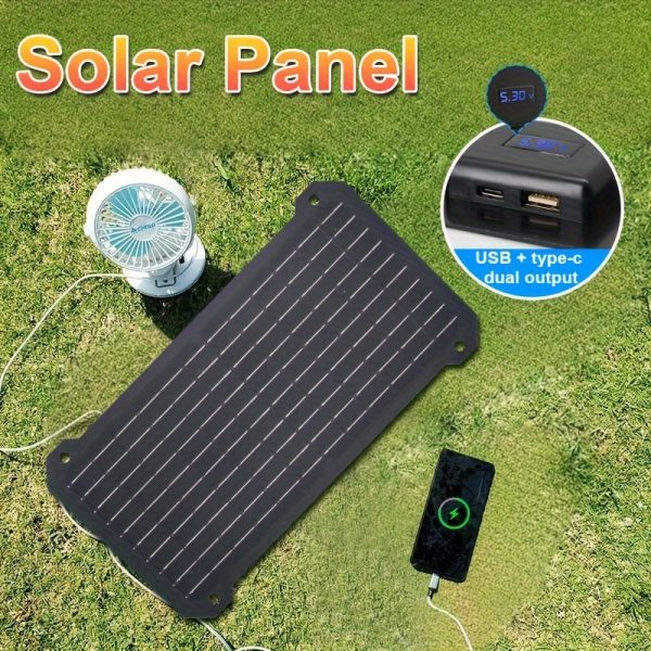 1pc Portable Solar Charger Panel, Dual USB & Type-C Output, Solar-Powered USB Charging for Phone, Tablet, Flashlight, Fan, Travel & Camping Essential