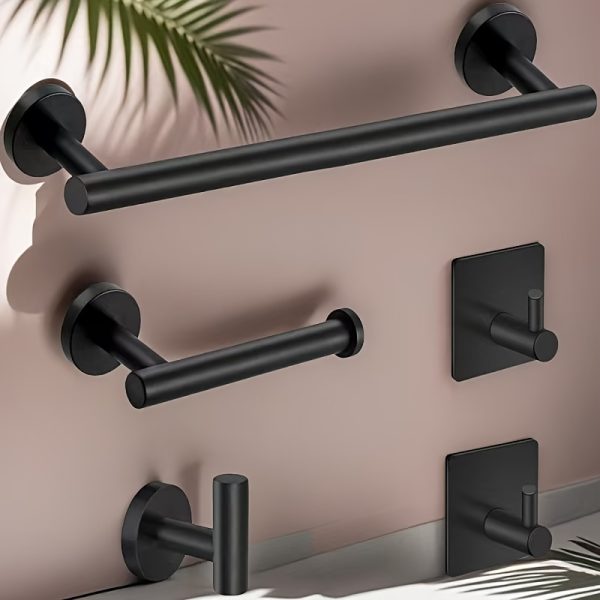 5pcs Black Gold/Golden/Matte/Black Bathroom Hardware Set Made of Stainless Steel, Round Wall Installation - Includes 35.56cm Towel Rack, Toilet Paper Holder, 3 Bathrobe Hooks, Bathroom Accessories Set, Suitable for Hotel Home Kitchen and Bathroom