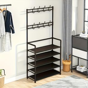 Shoe Storage Must-Have-Multifunctional 4/5-layer Entrance Storage Rack with Width of 60cm - Independent Hat and Shoe Rack, Equipped with Metal Frame and 8 Hooks, Suitable for Living Room, Bathroom and Corridor, Need Self-assembly, Easy Assembly, Hanging Shoe Organizers