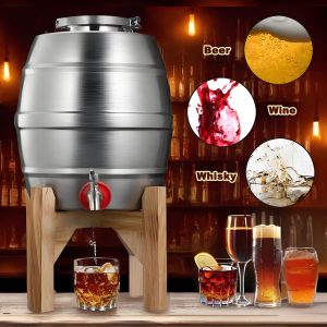 Stainless Steel Sealed Oval Wine Barrel with Tap, Wooden Stand And Combination Lock, Suitable for Storing Beer, Wine, Whiskey, Milk, Cooking Oil And Other Liquids, Perfect for Outdoor Carnivals, Family Gatherings, Bars, German Beer Festivals - 5L (169 Oz) Capacity