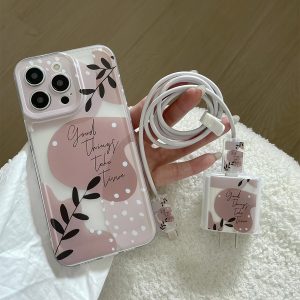 5pcs set: 1 color flower transparent mobile phone case + 1 charger protective case, 2 data cable protective cases + 1 white silicone data cable tie, suitable for iPhone16/15/14/13/12/11 series protective set