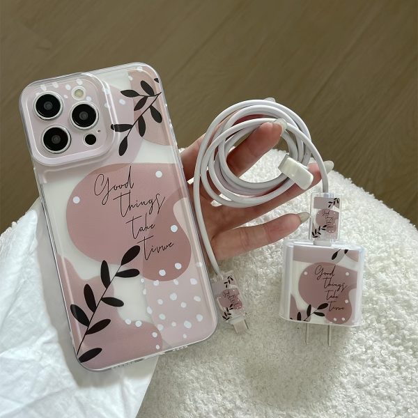 5pcs set: 1 color flower transparent mobile phone case + 1 charger protective case, 2 data cable protective cases + 1 white silicone data cable tie, suitable for iPhone16/15/14/13/12/11 series protective set