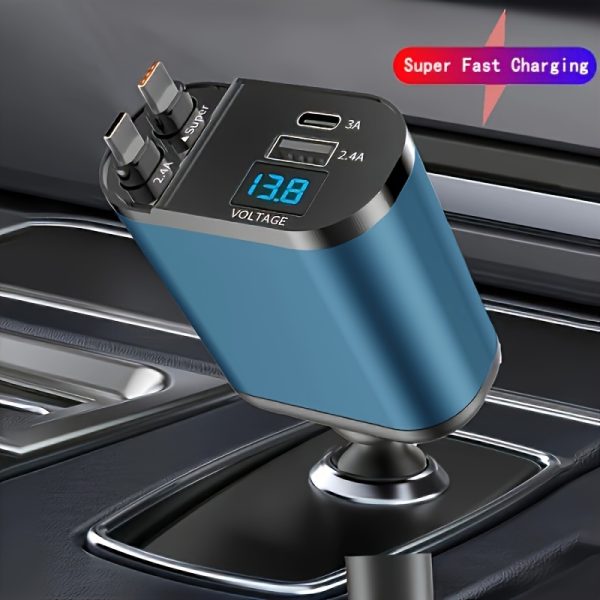 A Scalable Car Charger, a 4-In-1 Super Fast Compact Car Charger with Dual Retractable Cables And Two USB Ports, This Mini Car Charger Is Compatible with Iphone 15/14/13 Pro Max, Samsung, And Pixel.