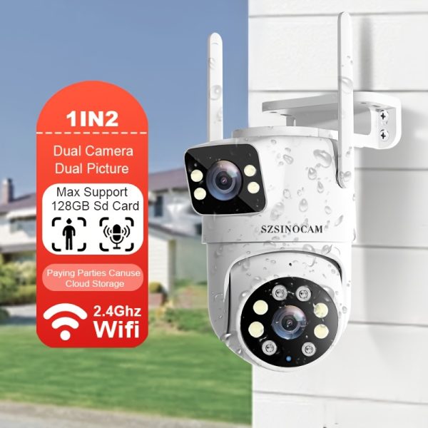 One Unit of SZSINOCAM 720P HD Wireless Outdoor Security Camera Featuring Dual Lenses, 2K Ultra-Clear Night Vision, Design, App Control, USB Charging, 360° Pan-Tilt Capability, Motion Detection, Two-Way Audio, No Battery Required, And Wi-Fi Connectivity.