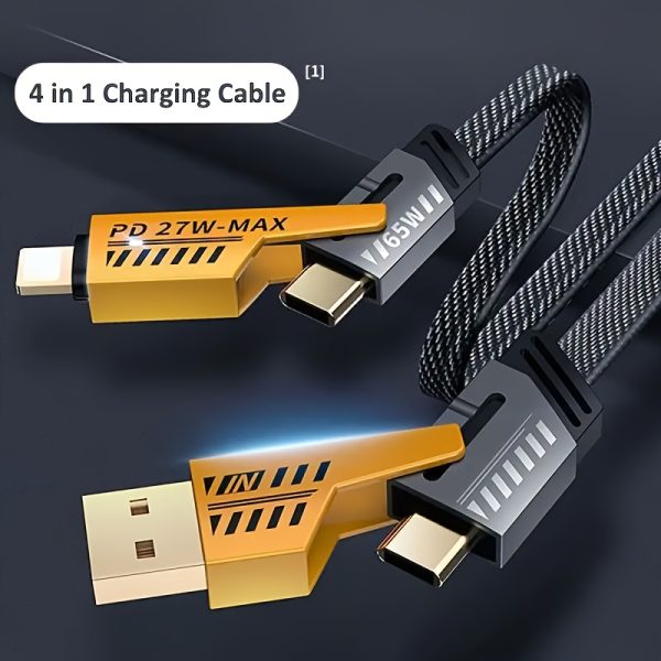4-in-1 Fast Charging Cable, 47.24in/120cm Dual Type-C & USB Lighting Connectors, Fabric Flat Cable, Matte Surface, USB Male to Male, for iPhone 15, for iPhone, for USB Type C Charger Tablet Charge Cable