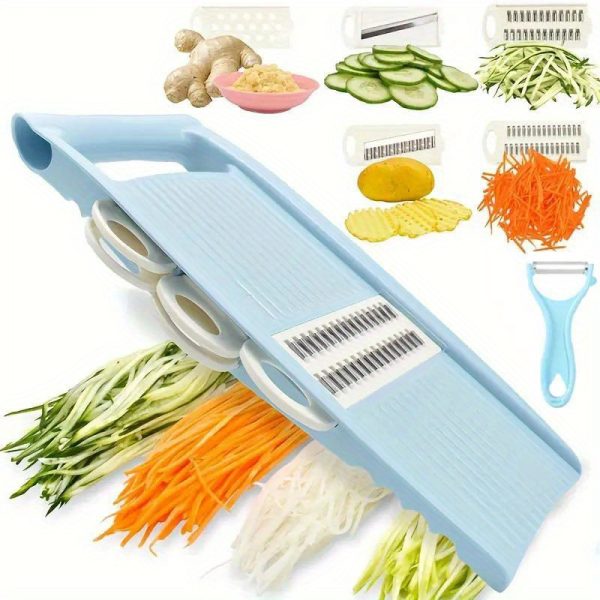 Multifunctional Vegetable Slicer and Grater Set with Interchangeable Blades, Handheld Mandoline Kitchen Tool for Potato, Carrot, Cucumber Julienne and Waffle Cuts, Includes Peeler - Manual Food Prep Gadgets