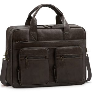 Vintage PU Leather Laptop Messenger Bag for Men - 39.62 cm Waterproof Briefcase with Multiple Compartments, Adjustable Shoulder Strap & Zippered Pockets, Retro Style for Work, Office, and Travel (Coffee/Dark Brown/Black), Laptop Bag