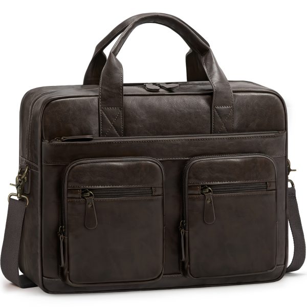 Vintage PU Leather Laptop Messenger Bag for Men - 39.62 cm Waterproof Briefcase with Multiple Compartments, Adjustable Shoulder Strap & Zippered Pockets, Retro Style for Work, Office, and Travel (Coffee/Dark Brown/Black), Laptop Bag
