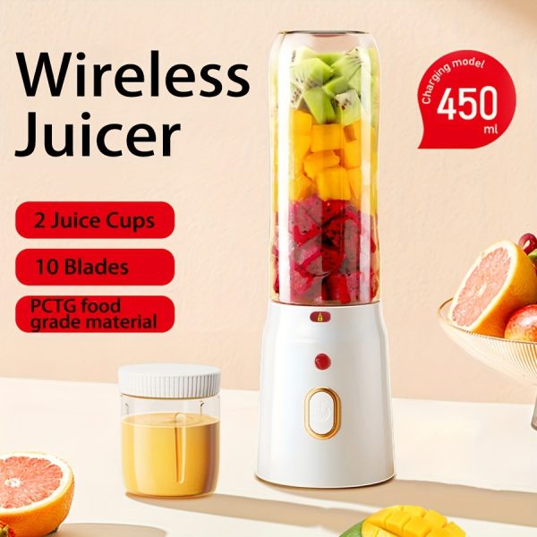 1pc/450ml Hilton Portable USB Rechargeable Mini Blender, Wireless, Personal Size, Detachable, Push Button Type, Non-Heating, Lithium Battery-18650 Series 1500mAh Rechargeable Battery, Plastic Body, Food Grade PP Cup, with 2 Cups and Bonus Sports Cup Cover, for Smoothies, Shakes, Home, Kitchen, Travel