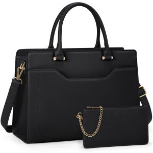 1pc NUBILY Women'S 39.62cm Laptop Tote Bag, Faux Leather Briefcase with Detachable Clutch, TSA-Compliant, Waterproof, Polyester Lined, for Work School Business - Black