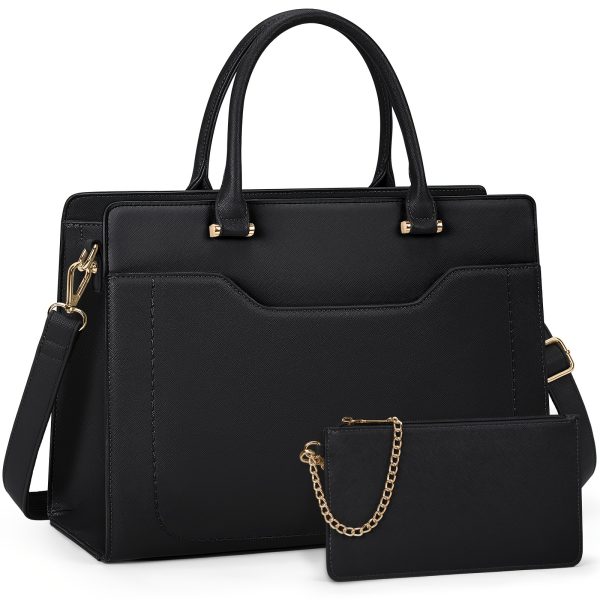 1pc NUBILY Women'S 39.62cm Laptop Tote Bag, Faux Leather Briefcase with Detachable Clutch, TSA-Compliant, Waterproof, Polyester Lined, for Work School Business - Black