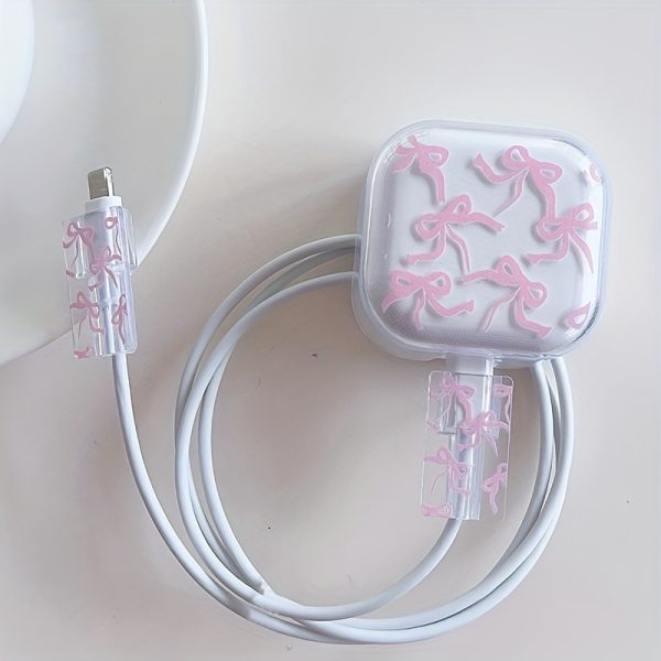 Pink Bowknot Pattern Charger Case, 20W Data Cable Protector, Anti-Bend Charging Head Transparent Cover, TPU Material, for Hong Kong/UK Version, Phone Accessories