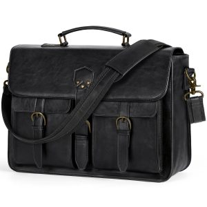 Vintage Black Faux Leather Messenger Bag for Men, 39.62 cm Waterproof Laptop Briefcase, Large Satchel Shoulder Bag for Office Work Travel College