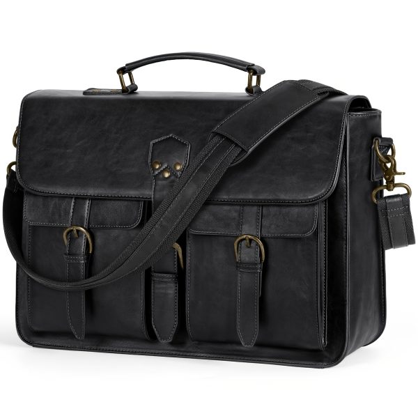 Vintage Black Faux Leather Messenger Bag for Men, 39.62 cm Waterproof Laptop Briefcase, Large Satchel Shoulder Bag for Office Work Travel College