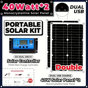 2pcs, 2*40W 80W Solar Panel Kit Complete 12V/5V Dc Dual USB with 30A Solar Controller Solar Cells for Car Yacht RV BoatHome Camping Battery Charger
