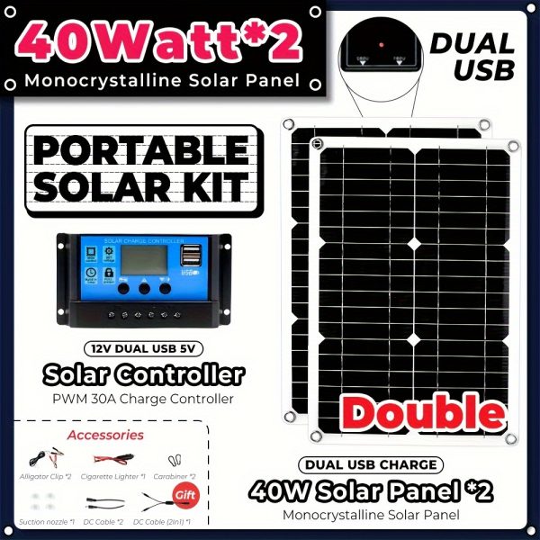 2pcs, 2*40W 80W Solar Panel Kit Complete 12V/5V Dc Dual USB with 30A Solar Controller Solar Cells for Car Yacht RV BoatHome Camping Battery Charger