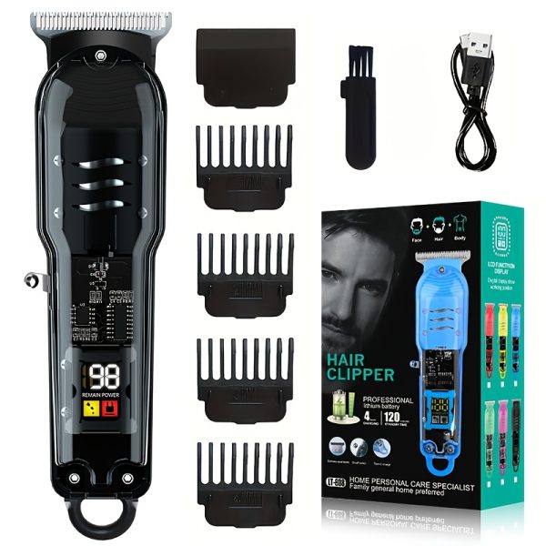 Professional Men'S Hair Clipper, Vintage Transparent Body Electric Hair Trimmer with LCD Display, High Power Hair Beauty Machine, USB Rechargeable Lithium Battery, Includes Limit Comb, ABS Plastic, Ideal Father'S Day Gift