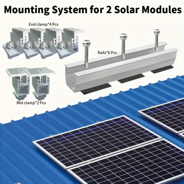 2pcs Solar Panel Mounting Kit, Adjustable Solar Module System, Aluminum Rails, End Clamps, Mid Clamps, with No-Electricity Required for Solar Panel Installation