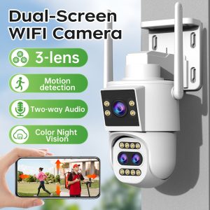 Full HD PTZ Wireless WIFI Camera, Triple Lens Dual-Screen Camera, One Device Replaces Multiple, 10X Optical Zoom, Equipped with Network Port, Full-Color Night Vision HD Camera, Two-Way Voice Intercom Video Camera, Motion Detection, Automatic Tracking, Sound And Light Alarm for Home Security Smart Monitoring Camera.