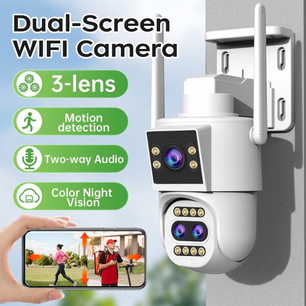 Full HD PTZ Wireless WIFI Camera, Triple Lens Dual-Screen Camera, One Device Replaces Multiple, 10X Optical Zoom, Equipped with Network Port, Full-Color Night Vision HD Camera, Two-Way Voice Intercom Video Camera, Motion Detection, Automatic Tracking, Sound And Light Alarm for Home Security Smart Monitoring Camera.