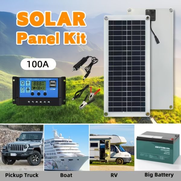 Portable Solar Panel Kit, 100A Solar Charger with Dual USB 5V, DC 12V-18V-24V, for Power Banks, Camping, Hiking, RV, Boats, Phones, Watches, Solar Power Supply Accessories