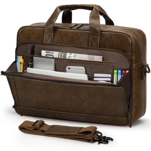 NUBILY Men'S 40.64cm Vintage Faux Leather Laptop Briefcase, TSA-Compliant Messenger Bag with Shoulder Strap, Durable Zippers, and Metal Clasp, Polyester Lined, for Work, Business, and Travel - Brown