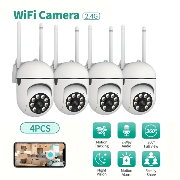 4pcs 1080P WiFi Security Cameras with Two-Way Audio, Color Night Vision, Motion Detection Alerts, Wall Mount, USB Powered, Indoor Use, 2.4G WiFi Connectivity, Family Sharing, Full View, Night Vision Scope, Wireless Security Camera