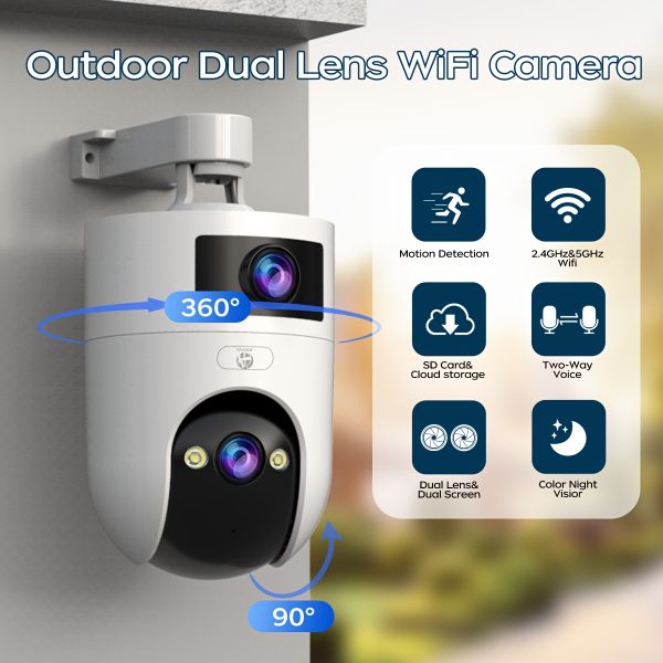 JOOAN Outdoor Dual-Lens Wi-Fi Security Camera with Full Color Night Vision, 360° Auto Tracking, Motion Detection Alerts, Spotlight, Two-Way Audio,, Wall-Mounted, Smartphone Compatible, 1296P HD Video, PTZ Technology, USB Powered, Wireless Outdoor Security Camera, JOAN