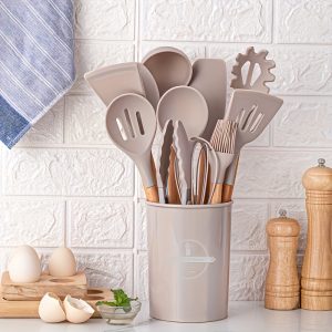 Silicone Kitchen Utensil Set with Wooden Handles - 6/12pcs Cooking & Baking Tools Including Non-Stick Spatula, Ladle, Whisk & Storage Rack - Perfect for Holidays like Christmas, Halloween, Easter, Hanukkah & Thanksgiving