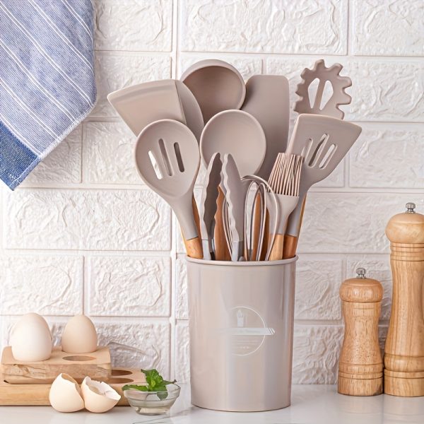 Silicone Kitchen Utensil Set with Wooden Handles - 6/12pcs Cooking & Baking Tools Including Non-Stick Spatula, Ladle, Whisk & Storage Rack - Perfect for Holidays like Christmas, Halloween, Easter, Hanukkah & Thanksgiving