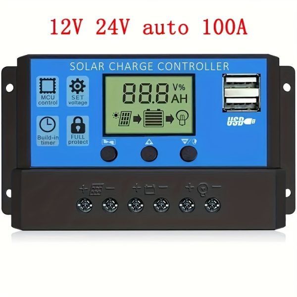 High-Power Solar Charge Controller 10A-100A PWM with LCD Display, Dual USB Ports & Auto Timing - Compatible with 12V/24V Systems for Efficient Energy Management
