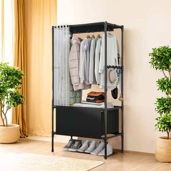 Freestanding Closet Organizer | Black Metal & Plastic Wardrobe with Dustproof Curtain | Multi-Functional Bedroom Storage Rack for Clothes, Shoes, and Accessories | Easy Assembly | Space-Saving Design with Hanging Rods and Shelves, Closet Organizers And Storage